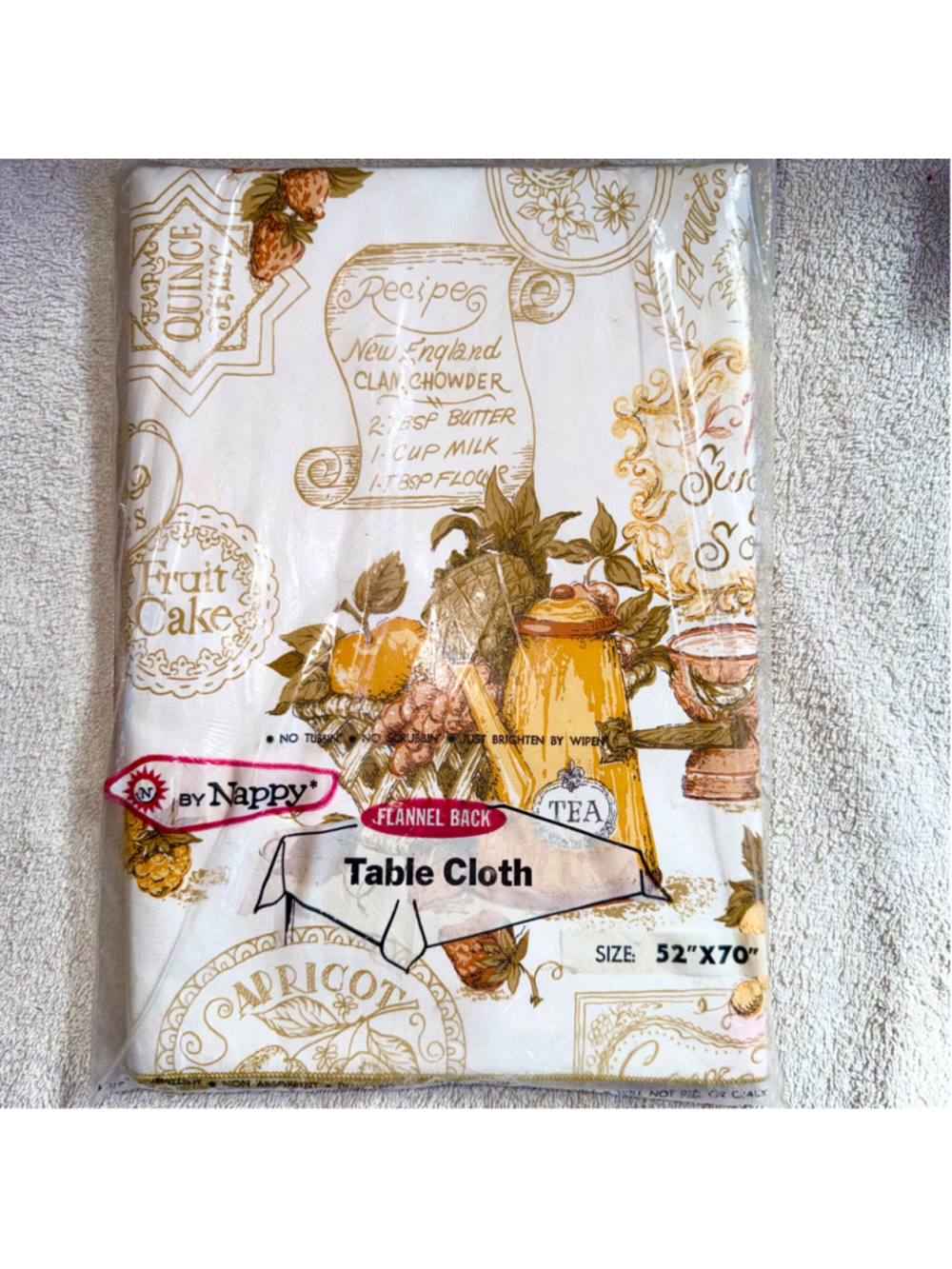NIP Vintage Nappy 52 x 70 Vinyl Flannel Back Table Cloth Kitchen Recipes Fall